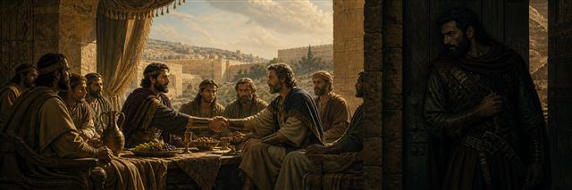 David and Abner sealing an agreement while Joab watches from a shadowed gate